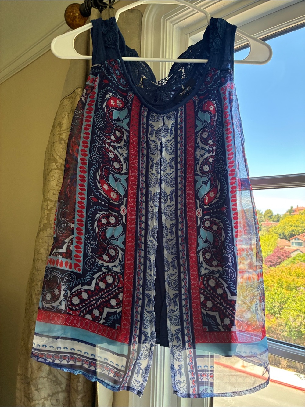 Style & Co. Navy Sheer Boho Tank with Red & Light Blue Accents